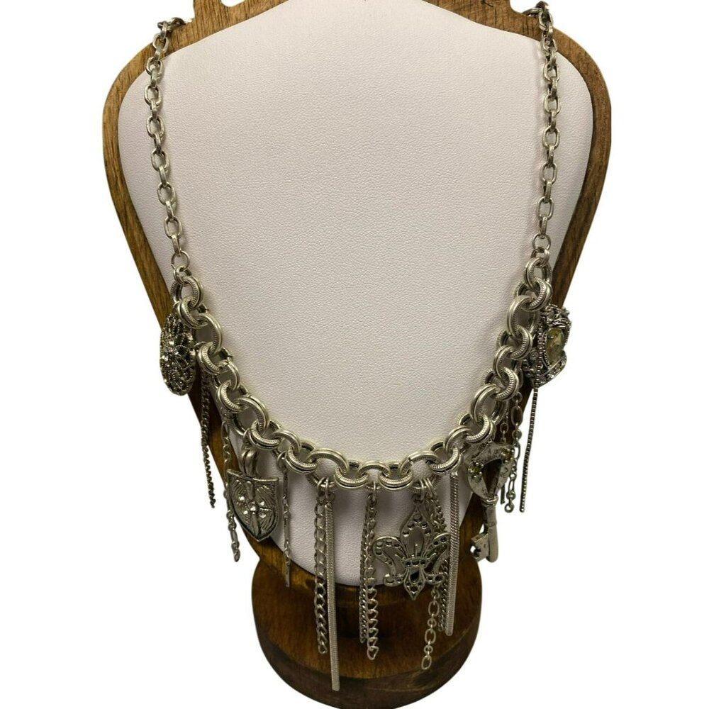Steampunk Waterfall Charm Necklace With Key, Shield, Crown and Fleur-De-Lis Char